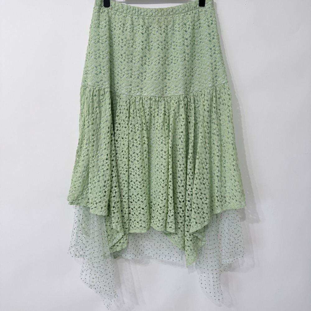 Textured Lace Fairy Handkerchief Skirt‎ Size L Green Mesh Polka Dot Hem Cottage